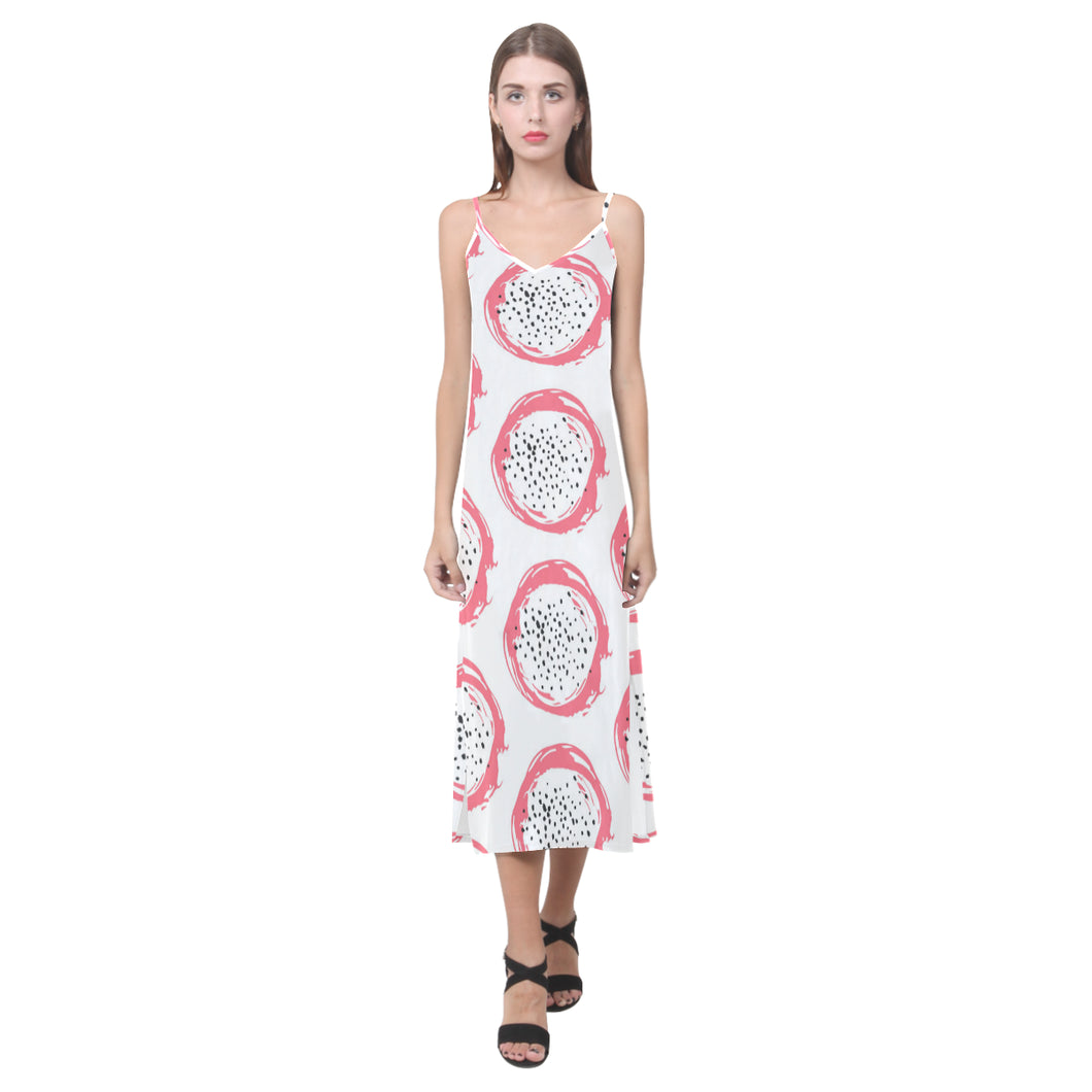 Hand drawn dragon fruit V-Neck Open Fork Long Dress