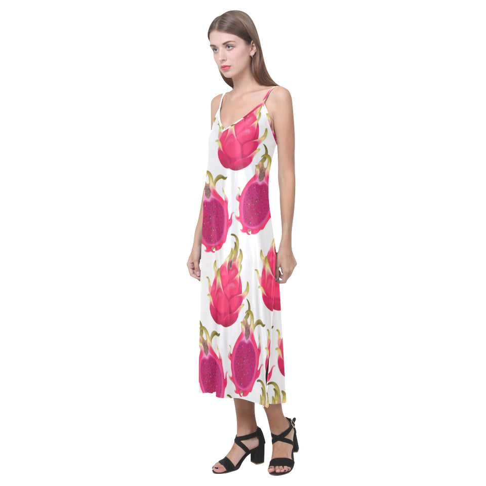 dragon fruits design pattern V-Neck Open Fork Long Dress