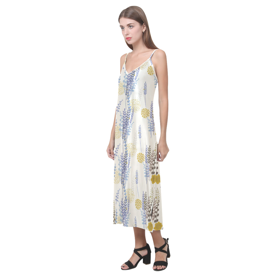 Lavender modern pattern blackground V-Neck Open Fork Long Dress