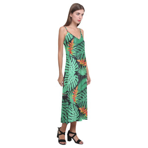 heliconia flower palm monstera leaves black backgr V-Neck Open Fork Long Dress
