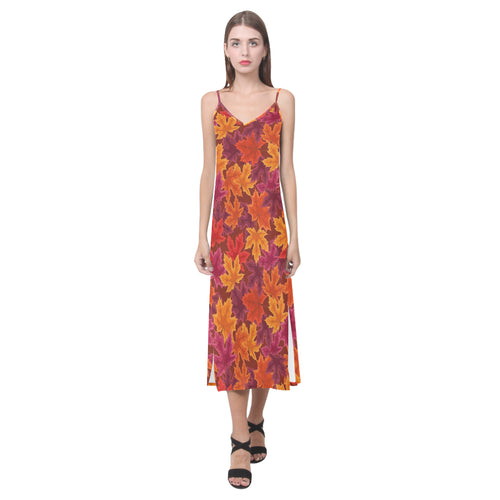 Autumn maple leaf pattern V-Neck Open Fork Long Dress
