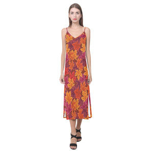 Autumn maple leaf pattern V-Neck Open Fork Long Dress