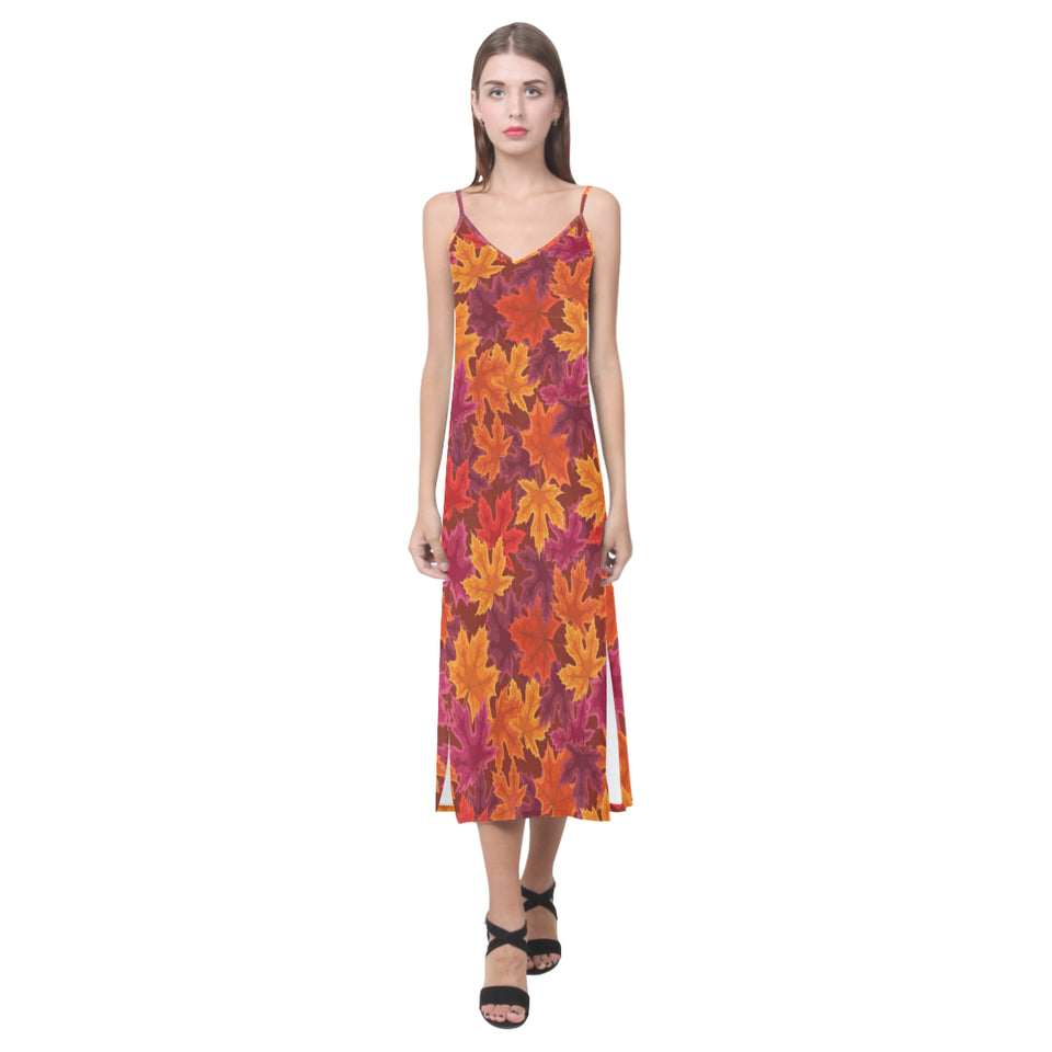 Autumn maple leaf pattern V-Neck Open Fork Long Dress