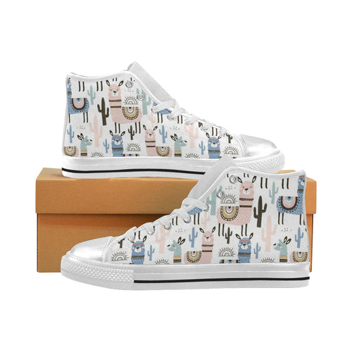 lama Alpaca cactus hand drawn pattern Women's High Top Canvas Shoes White