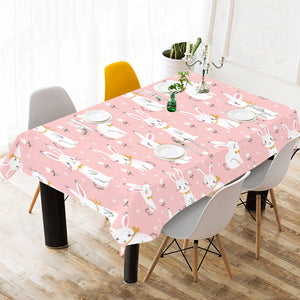 Cute white rabbit flower pink background Tablecloth