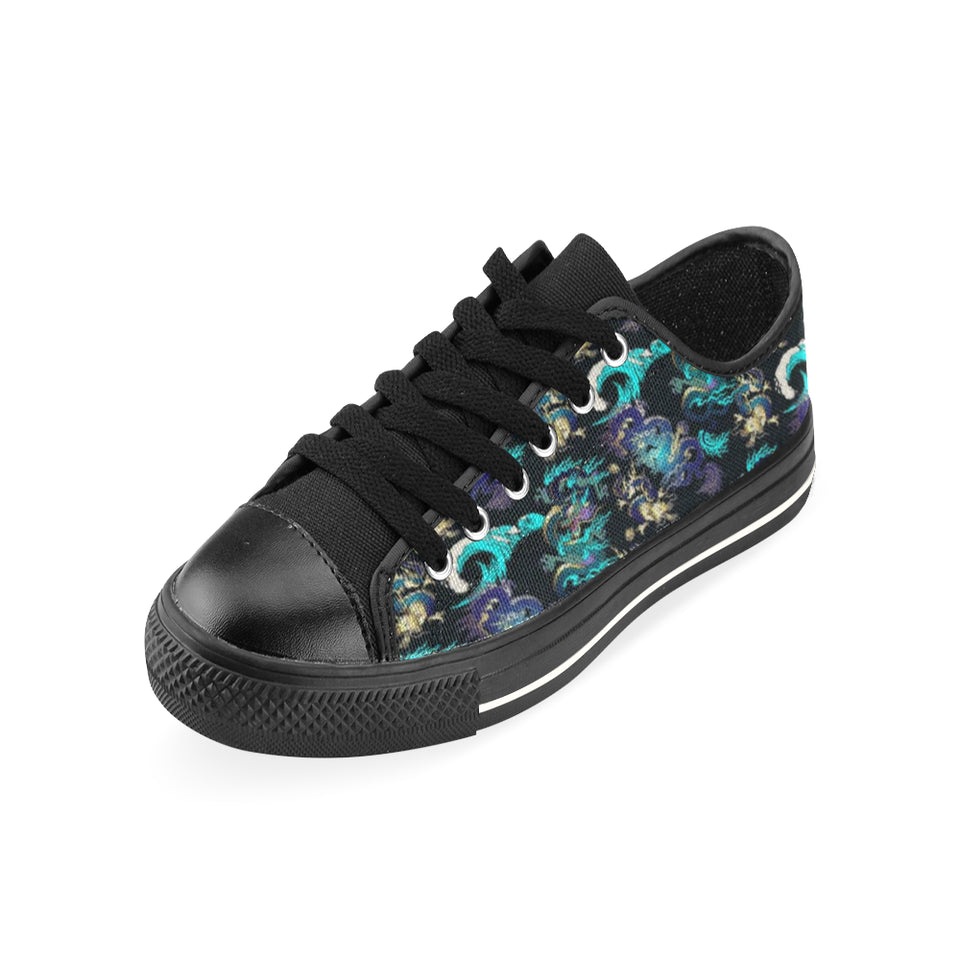 Dragon sea wave pattern Men's Low Top Canvas Shoes Black