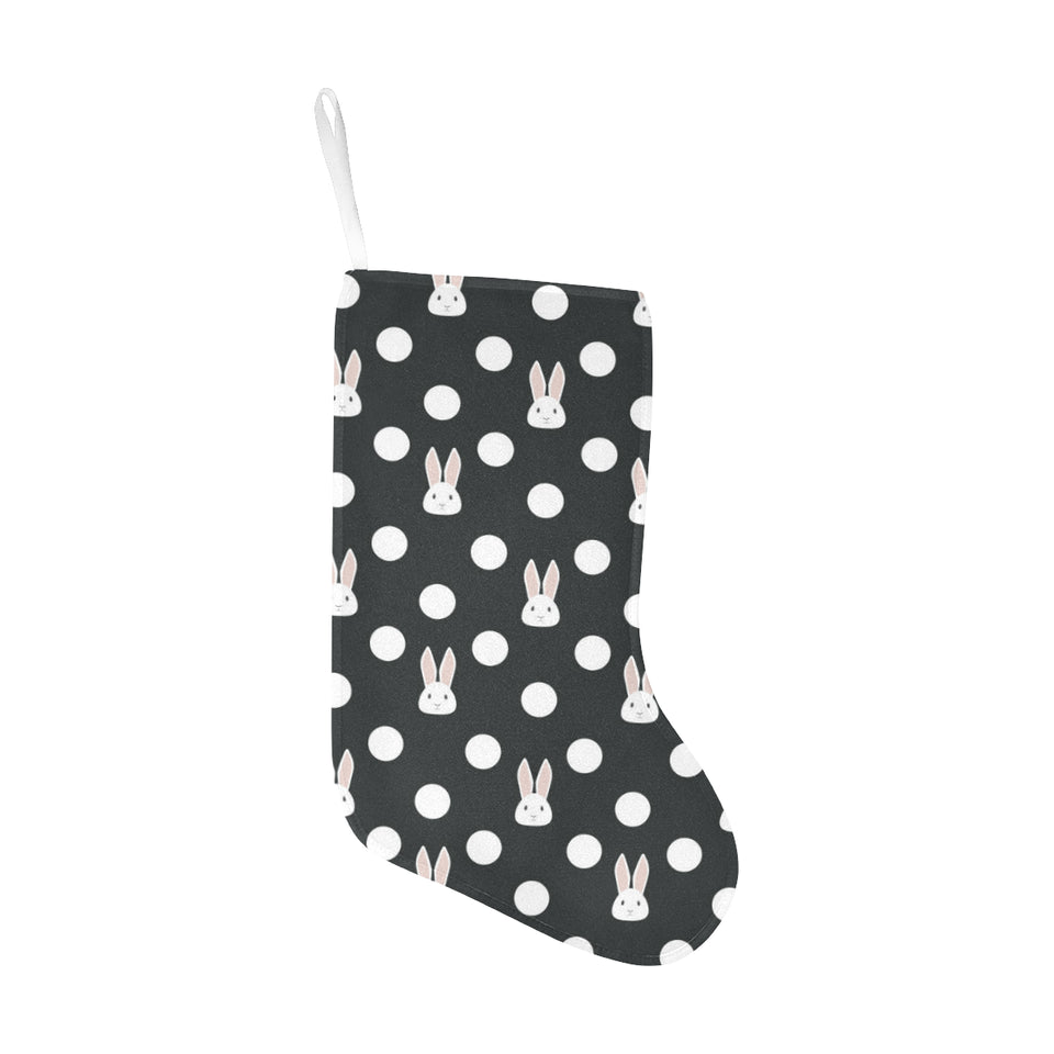 Cute white rabbit polka dots black background Christmas Stocking