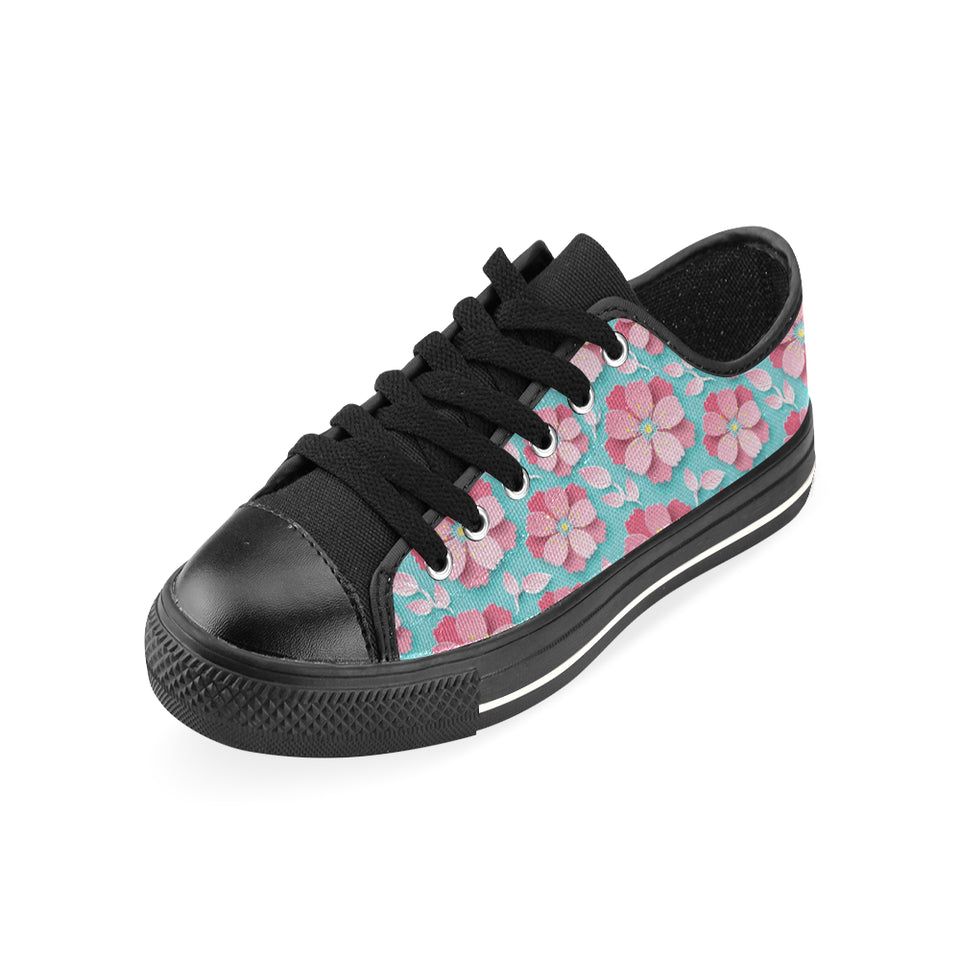 3D sakura cherry blossom pattern Men's Low Top Canvas Shoes Black