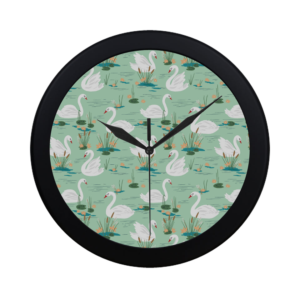 White swan lake pattern Elegant Black Wall Clock