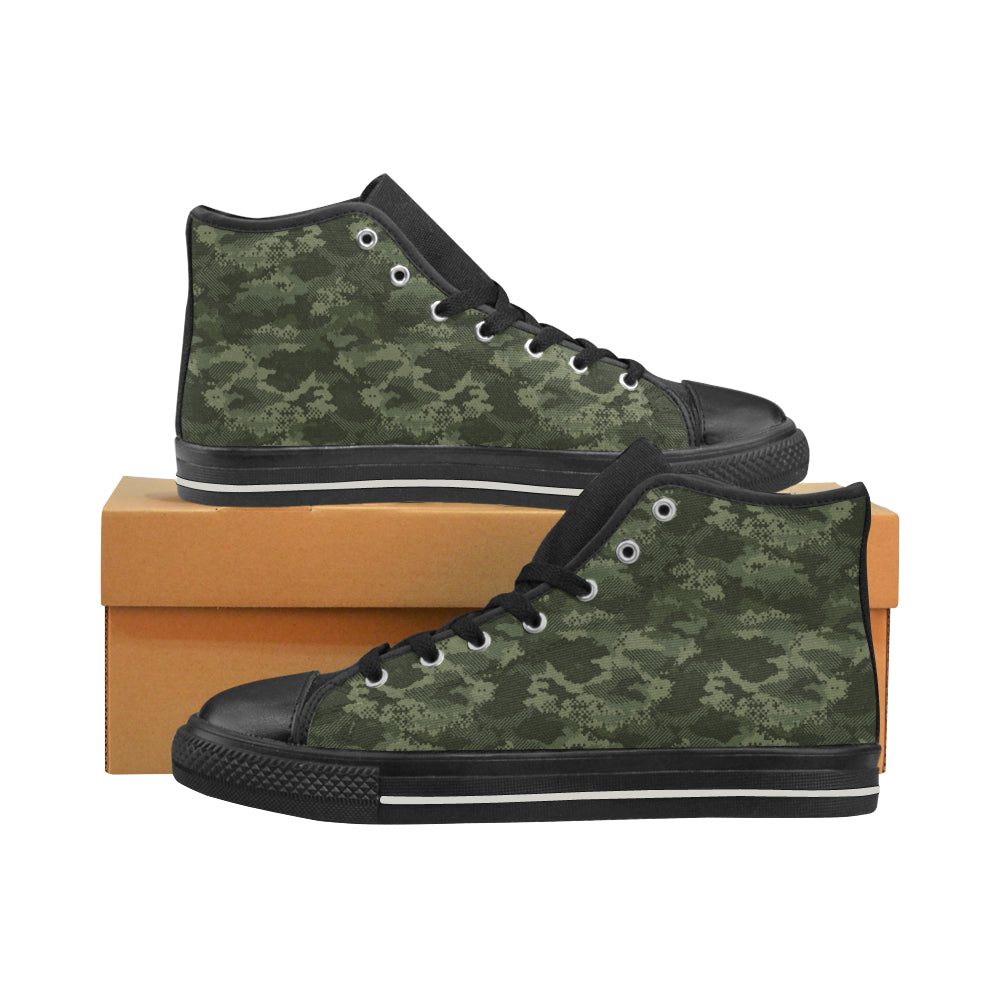 Digital Green camouflage pattern Men's High Top Canvas Shoes Black