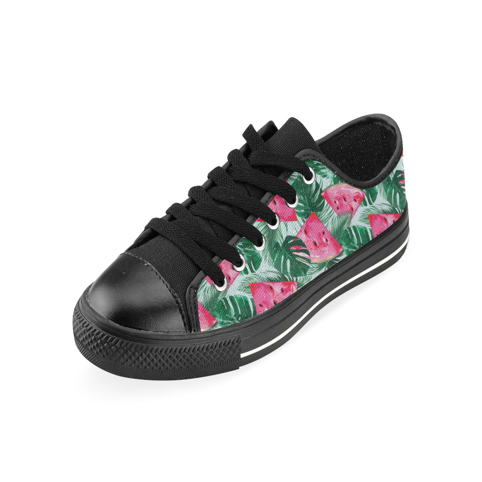 Watermelons tropical palm leaves pattern Men's Low Top Canvas Shoes Black
