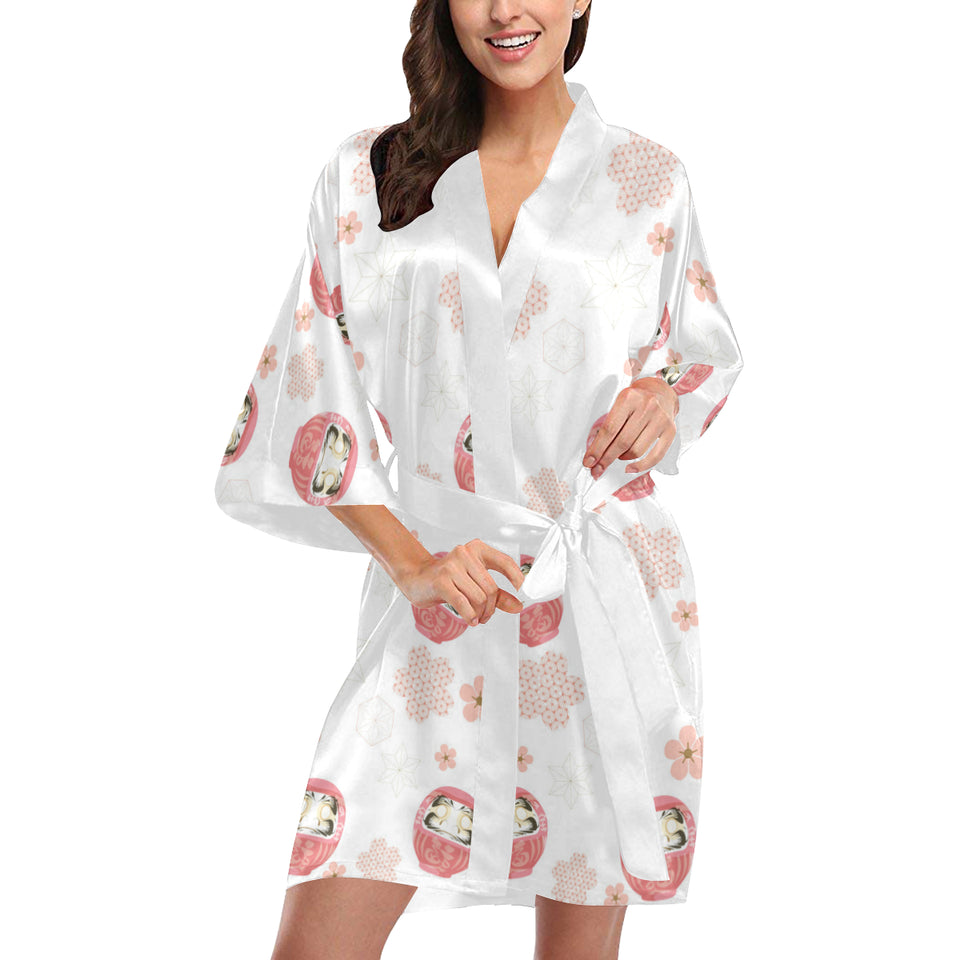 Daruma japanese wooden doll cherry blossom flower Women's Short Kimono Robe