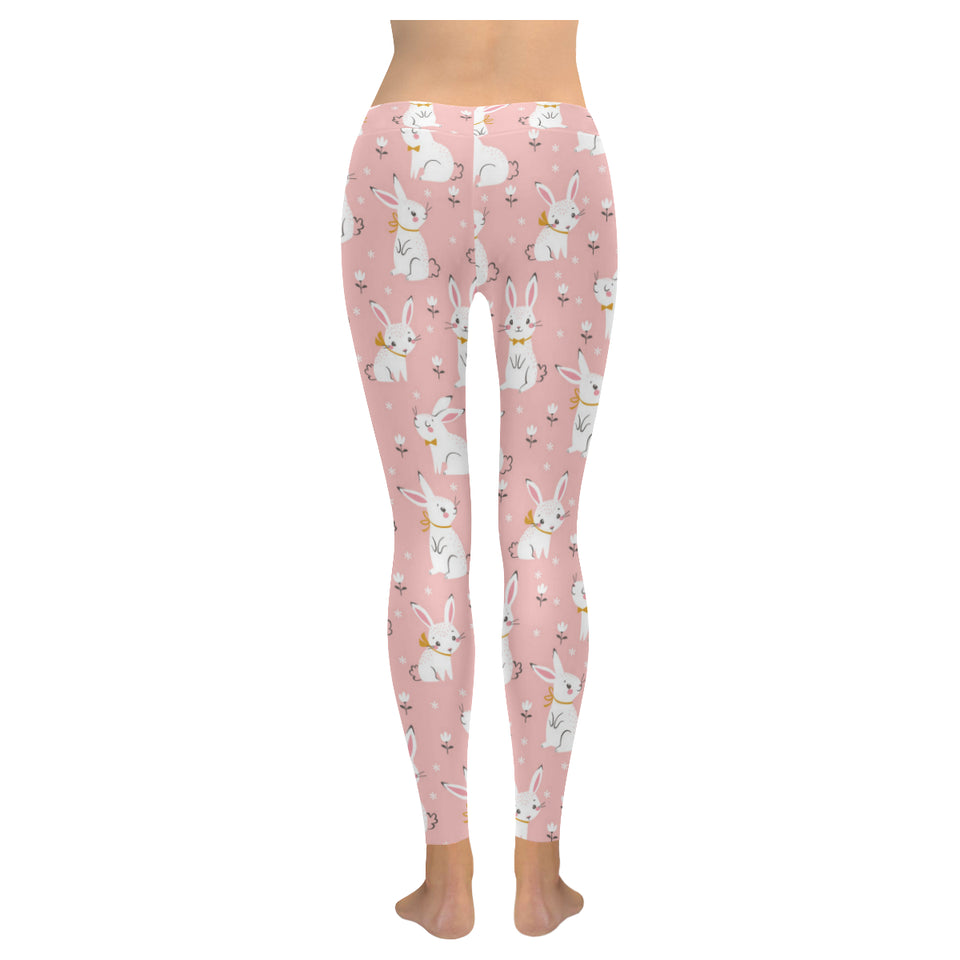 Cute white rabbit flower pink background Women's Legging Fulfilled In US