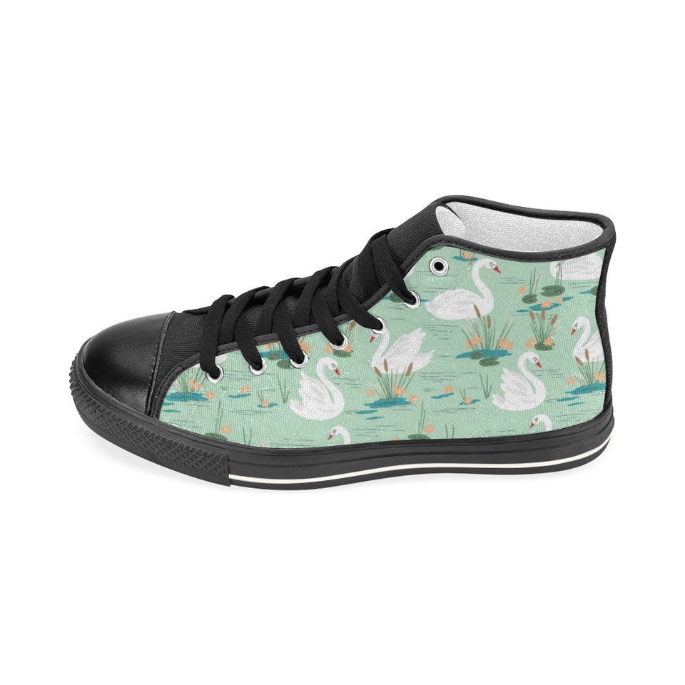 White swan lake pattern Women's High Top Canvas Shoes Black