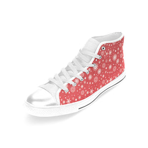 Snowflake pattern red background Women's High Top Canvas Shoes White