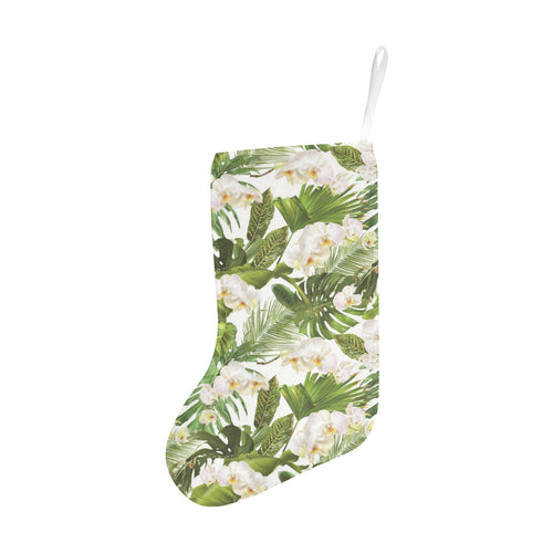 White orchid flower tropical leaves pattern Christmas Stocking