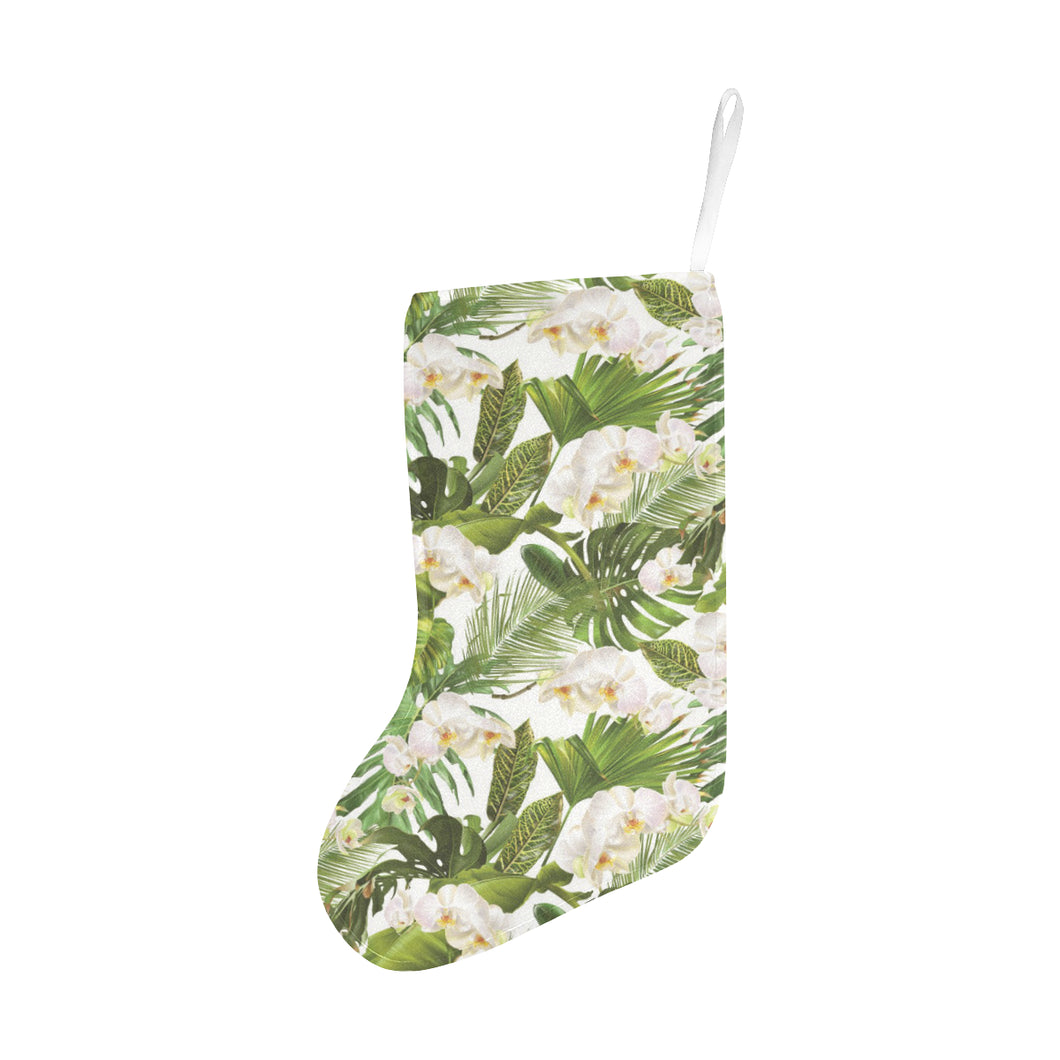 White orchid flower tropical leaves pattern Christmas Stocking