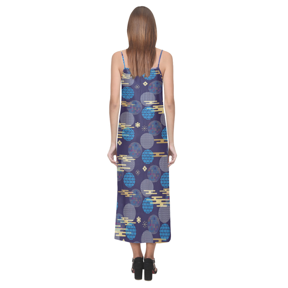 Blue japanese pattern cloud wave flower V-Neck Open Fork Long Dress
