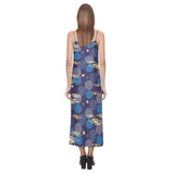Blue japanese pattern cloud wave flower V-Neck Open Fork Long Dress