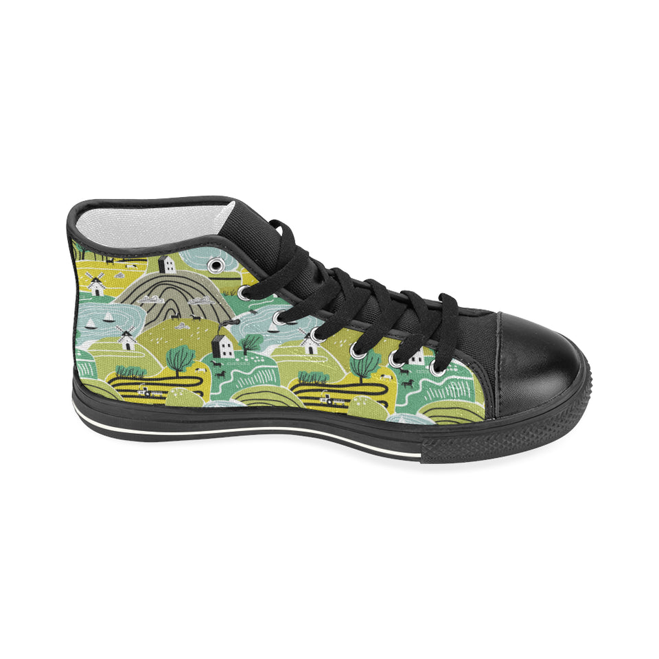 Hand drawn windmill pattern Women's High Top Canvas Shoes Black