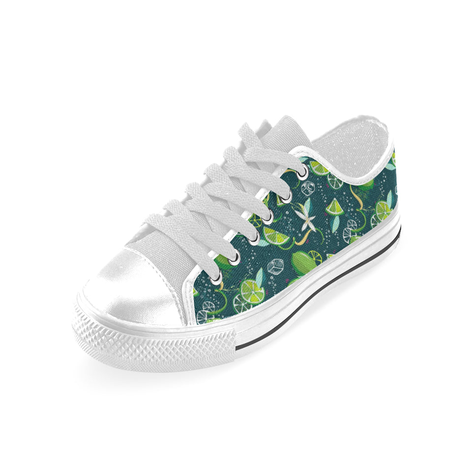 Lime ice flower pattern Men's Low Top Canvas Shoes White