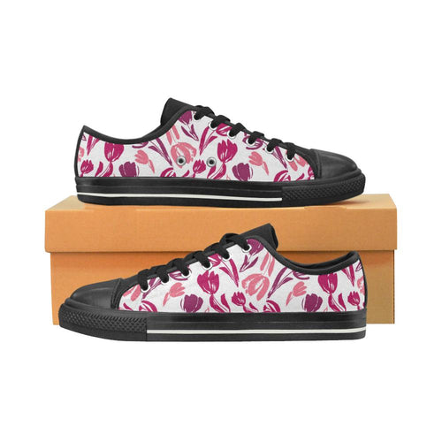 pink sketch tulip pattern Kids' Boys' Girls' Low Top Canvas Shoes Black