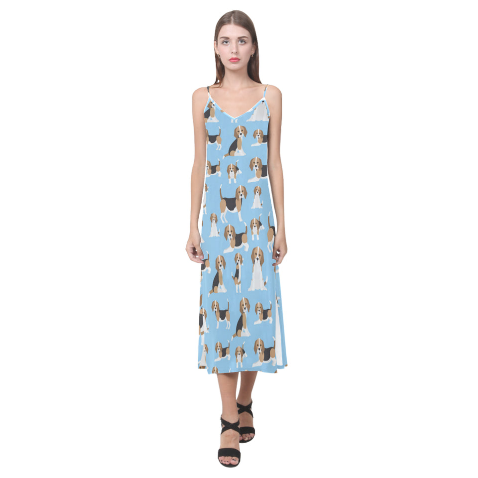 Beagle dog blue background pattern V-Neck Open Fork Long Dress