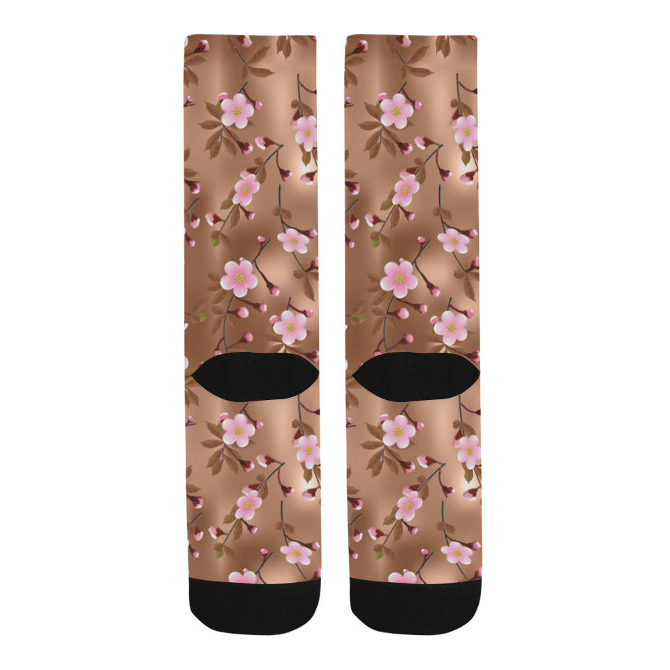 Pink sakura cherry blossom drak brown background Crew Socks