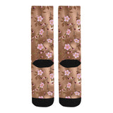 Pink sakura cherry blossom drak brown background Crew Socks