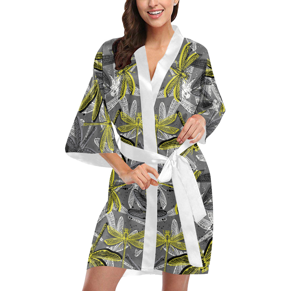 Hand drawn dragonfly pattern Women's Short Kimono Robe