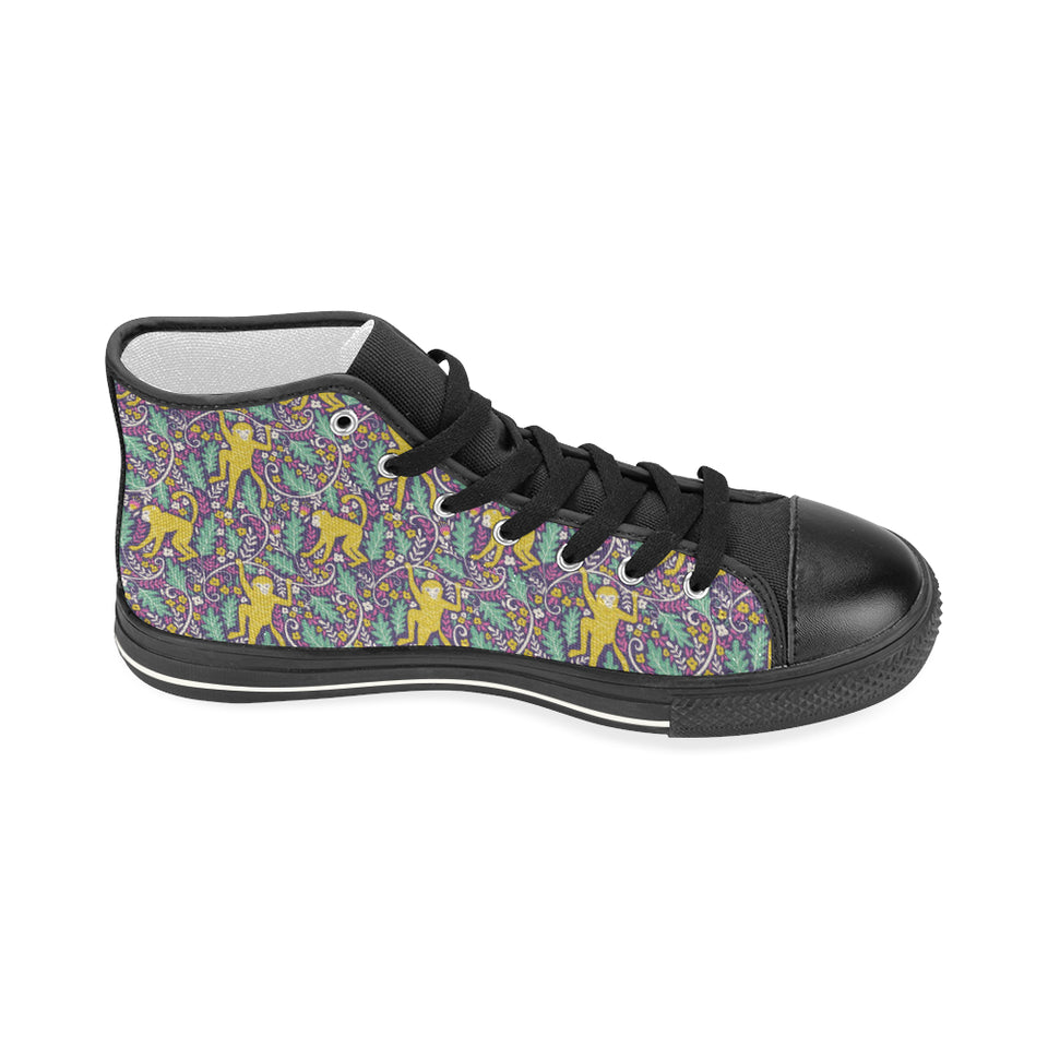 Cute yellow monkey leaves pattern Women's High Top Canvas Shoes Black
