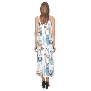 lama Alpaca cactus hand drawn pattern V-Neck Open Fork Long Dress