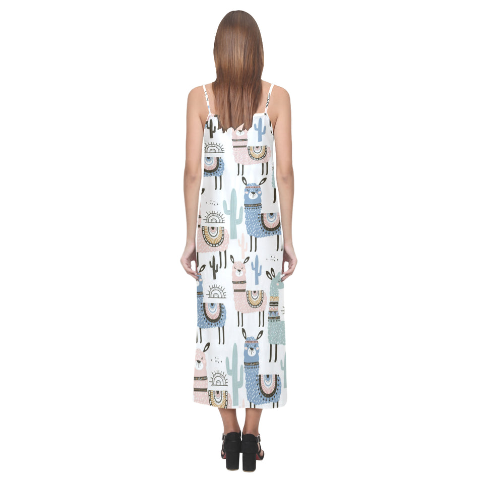 lama Alpaca cactus hand drawn pattern V-Neck Open Fork Long Dress