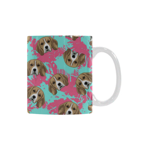 Beagle muzzles turquoise paint splashes pink patte Classical White Mug (Fulfilled In US)