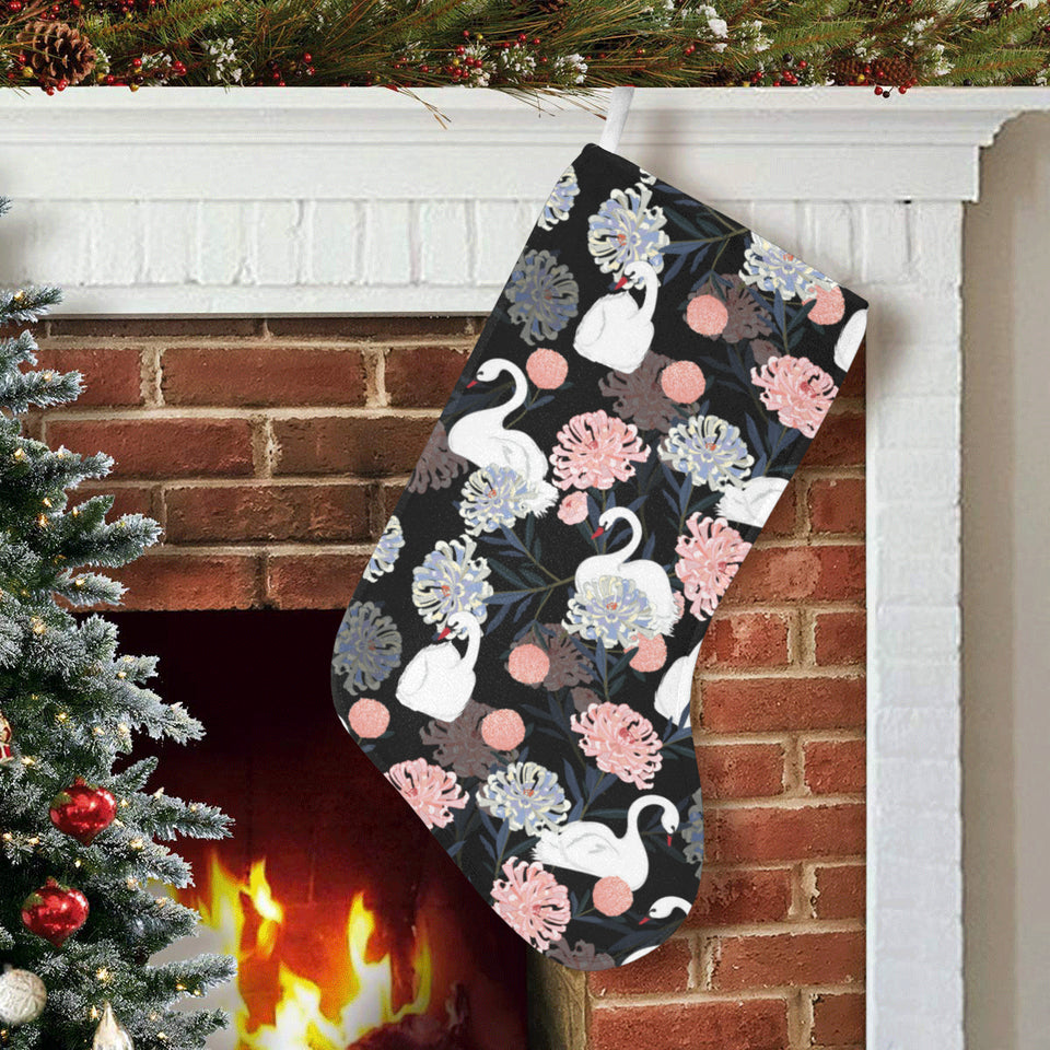 white swan blooming flower pattern Christmas Stocking