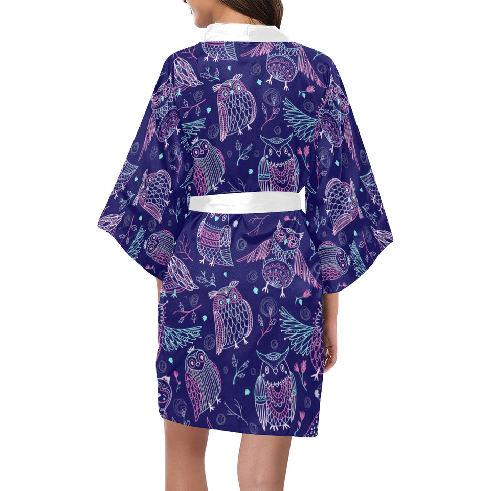 Cute owls pattern boho style ornament Women's Short Kimono Robe