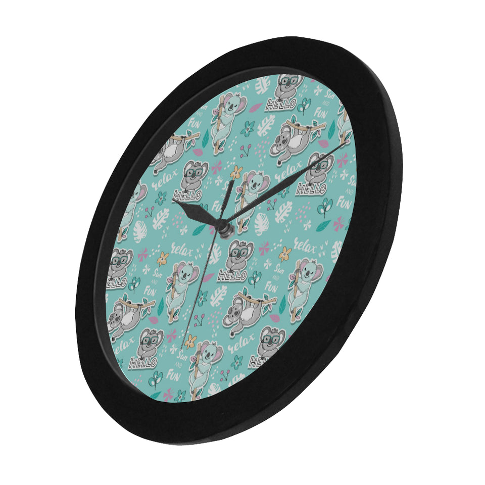Cute koalas blue background pattern Elegant Black Wall Clock