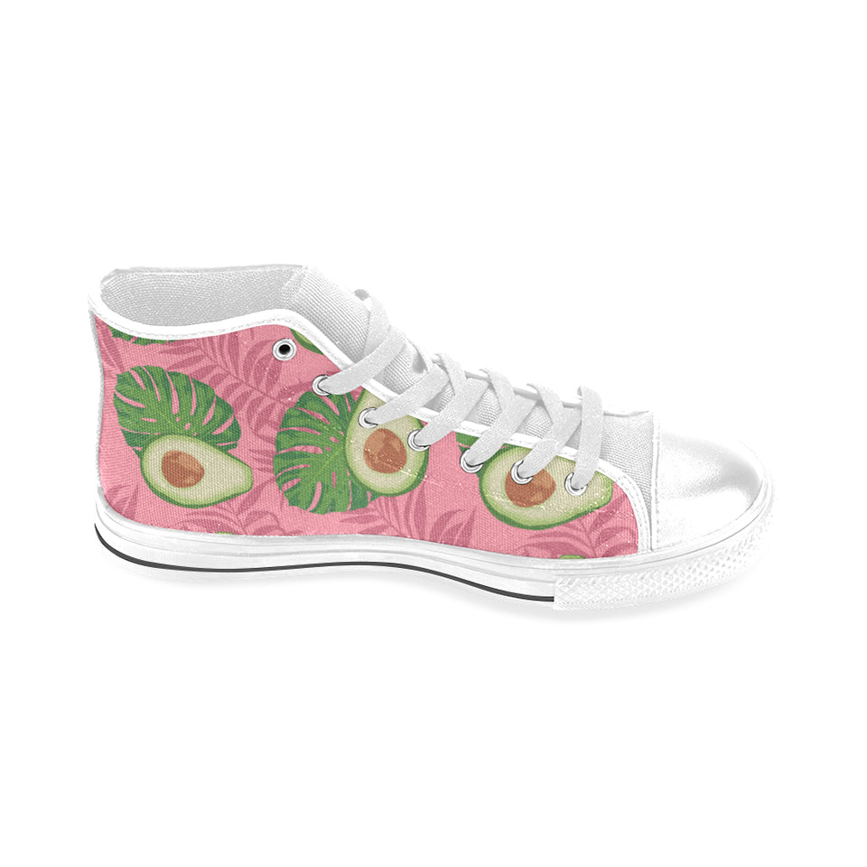 Avocado slices leaves pink back ground Men's High Top Canvas Shoes White