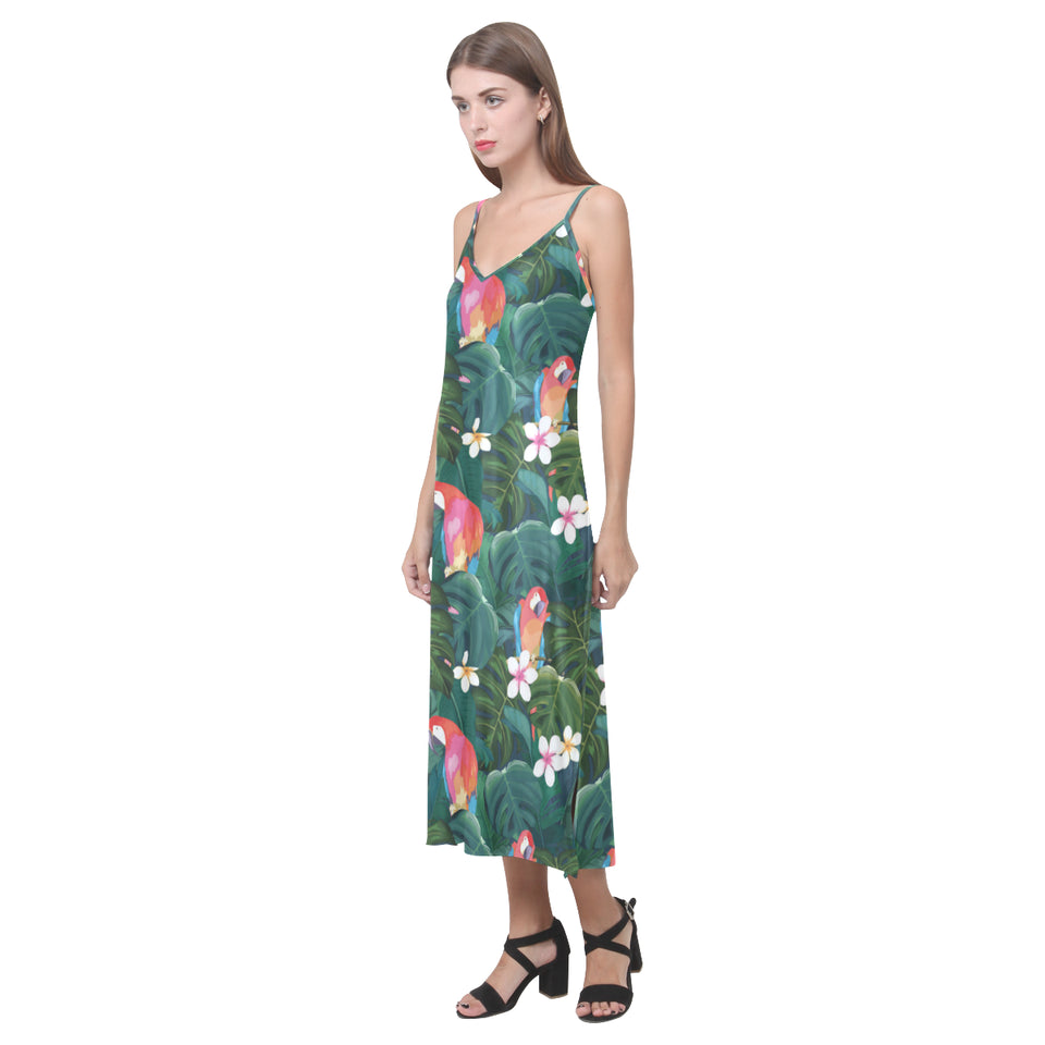 Parrot Palm tree leaves flower hibiscus pattern V-Neck Open Fork Long Dress