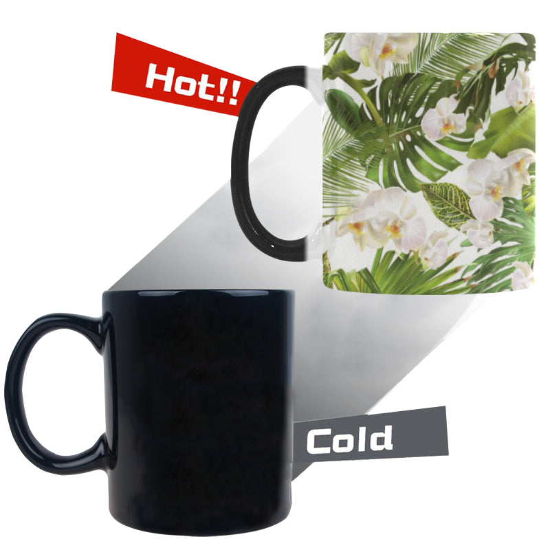 White orchid flower tropical leaves pattern Morphing Mug Heat Changing Mug