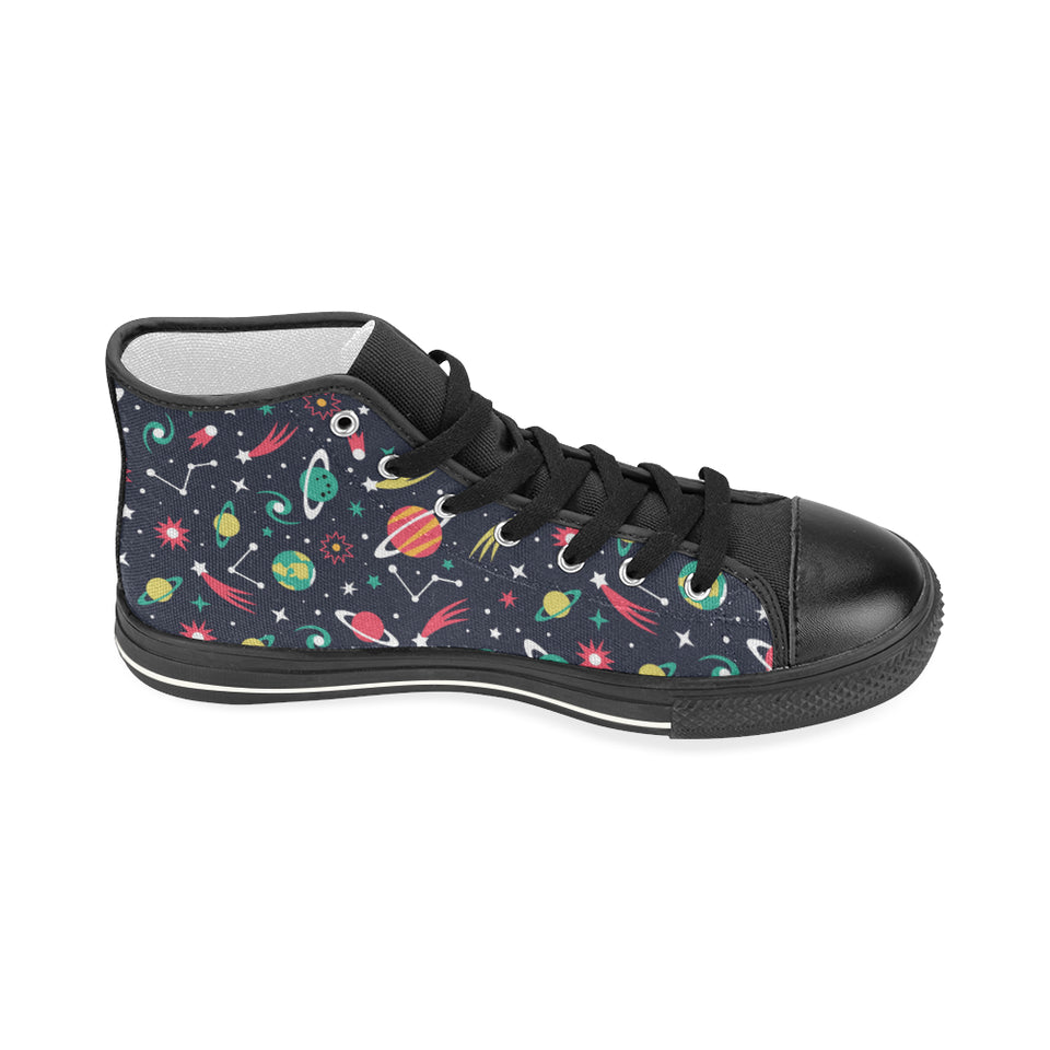 colorful space pattern planet star Women's High Top Canvas Shoes Black