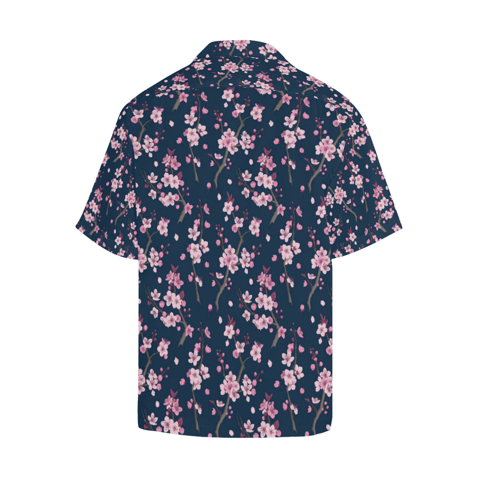 Pink sakura cherry blossom blue background Men's All Over Print Hawaiian Shirt