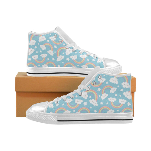 Cute rainbow clound star pattern blue background Women's High Top Canvas Shoes White