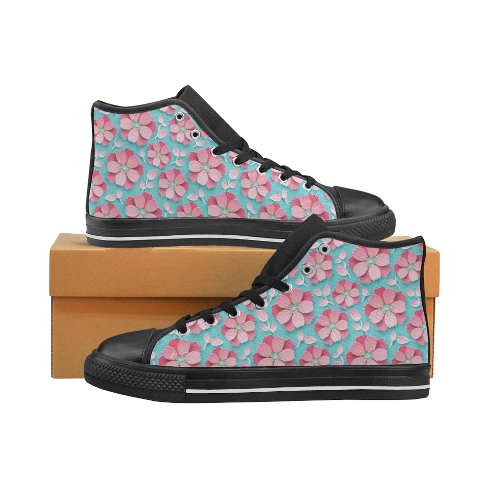 3D sakura cherry blossom pattern Men's High Top Canvas Shoes Black