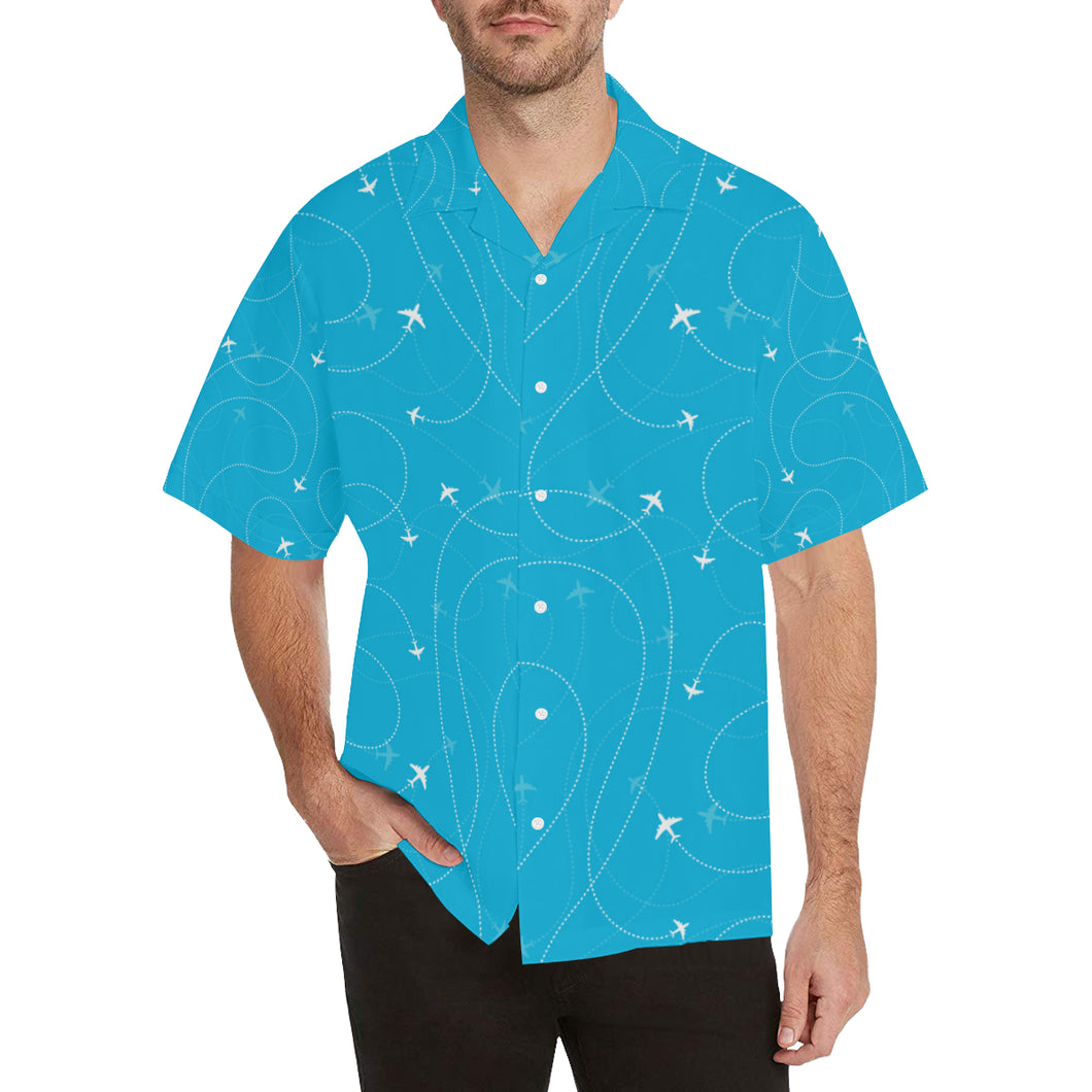 Airplane destinations blue background Men's All Over Print Hawaiian Shirt