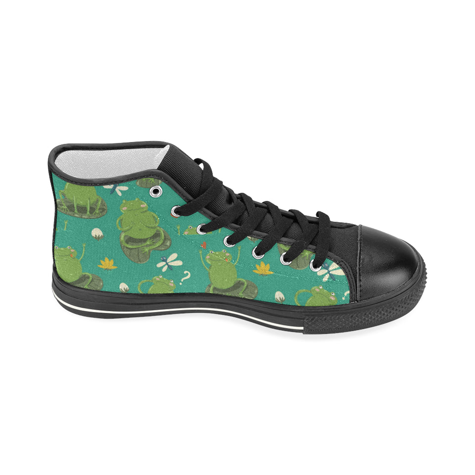 Cute frog dragonfly design pattern Women's High Top Canvas Shoes Black