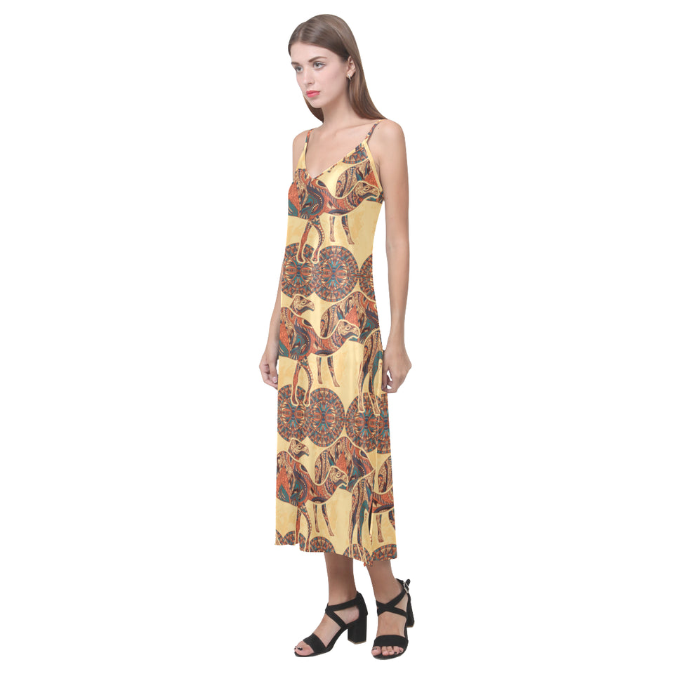 Camel polynesian tribal design pattern V-Neck Open Fork Long Dress