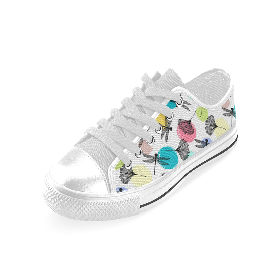 Dragonflies ginkgo leaves pattern Men's Low Top Shoes White