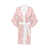 Cute white rabbit flower pink background Women's Short Kimono Robe
