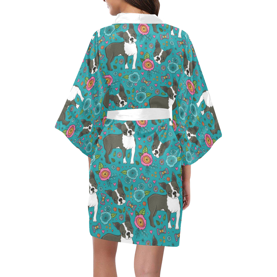 Boston terrier beautiful flower pattern Women's Short Kimono Robe